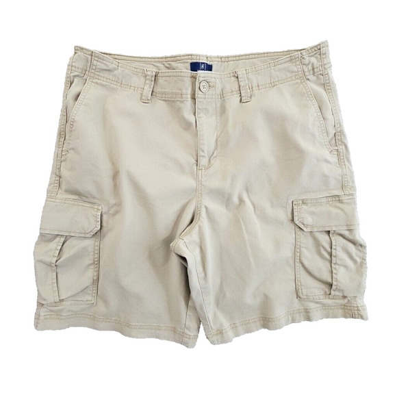 George Cargo Shorts Men's 38 Tan Khaki Cotton Snap 9" Inseam 6 Pockets EUC - Picture 1 of 12